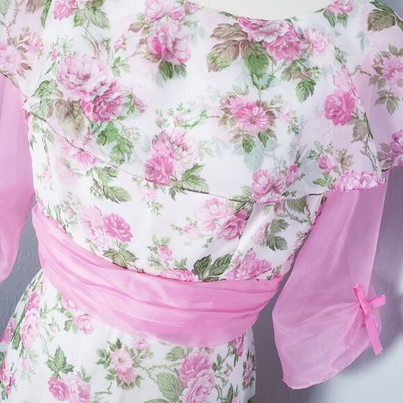 Vintage 70s Sylvia Ann Rose Floral Maxi Gown Regencycore Cottagecore Pink 14 - Picture 16 of 16